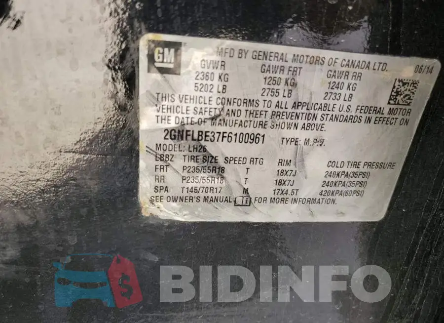 2GNFLBE37F6100961 Photo# 12