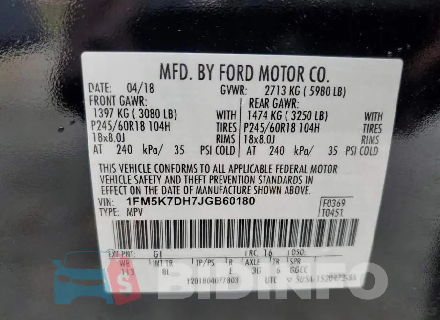 1FM5K7DH7JGB60180 Photo# 13
