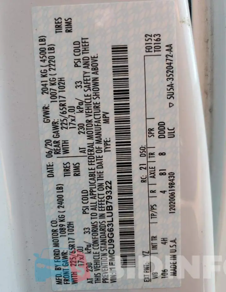 1FMCU9G63LUB79322 Photo# 12