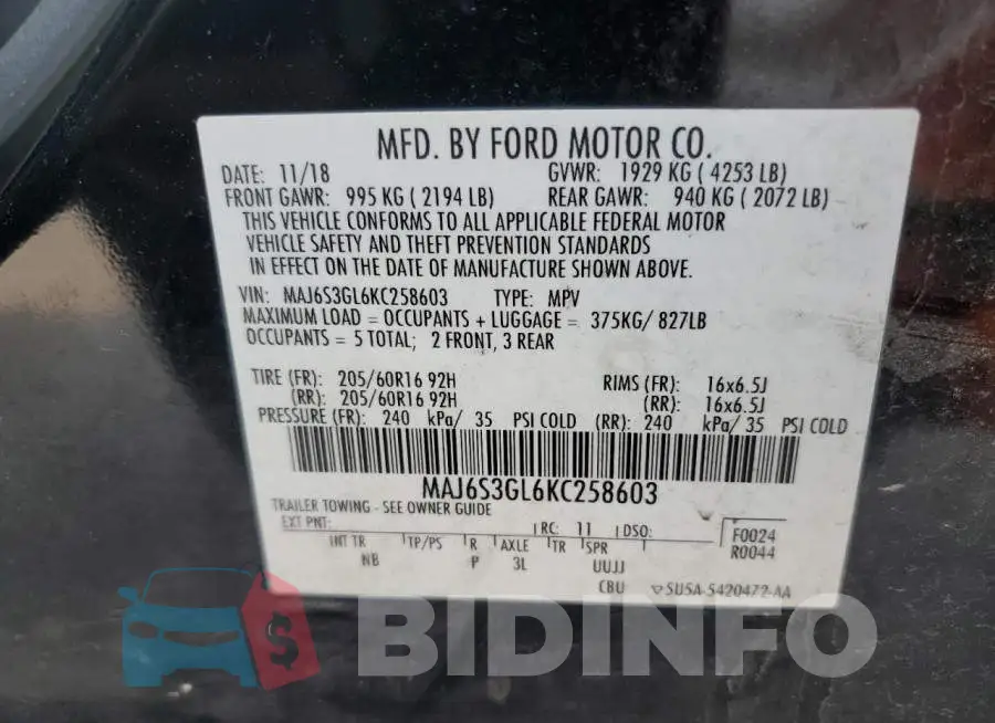 MAJ6S3GL6KC258603 Photo# 12