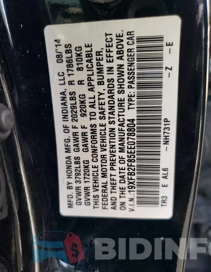 19XFB2F85EE078804 Photo# 12