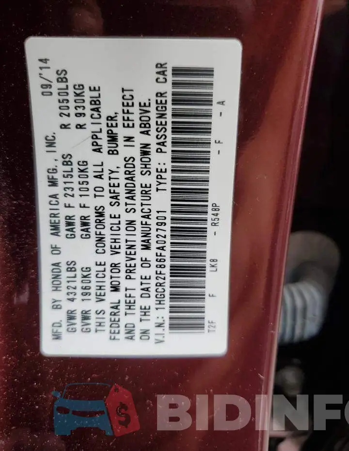 1HGCR2F86FA027901 Photo# 12