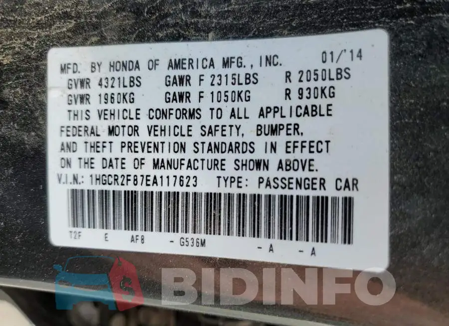 1HGCR2F87EA117623 Photo# 12