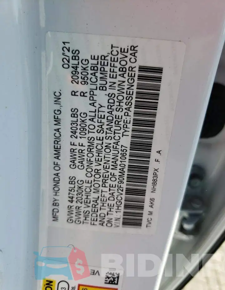 1HGCV2F90MA010657 Photo# 12
