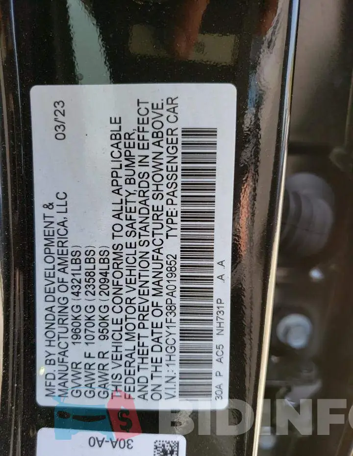 1HGCY1F38PA019852 Photo# 13