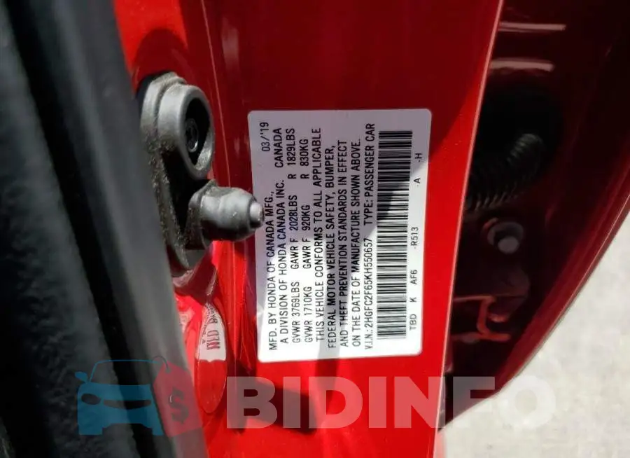 2HGFC2F65KH550657 Photo# 12