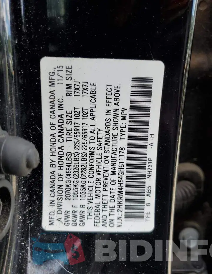 2HKRM4H54GH611178 Photo# 14