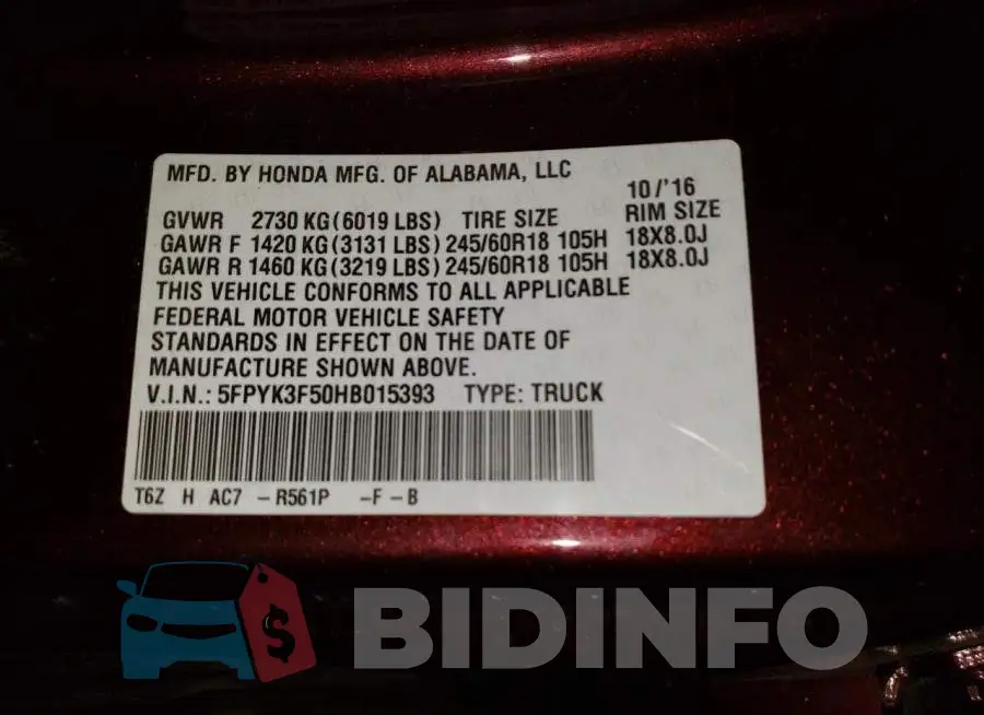 5FPYK3F50HB015393 Photo# 12