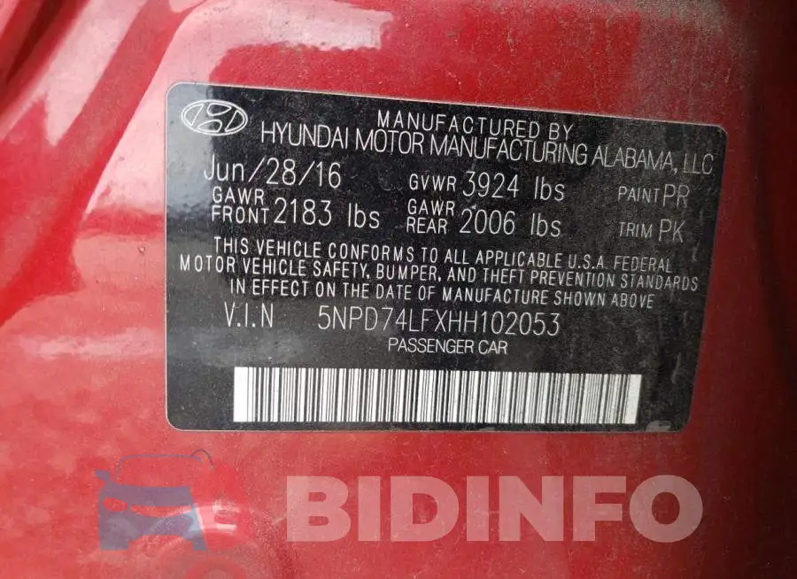5NPD74LFXHH102053 Photo# 13