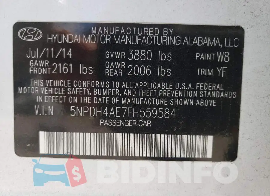 5NPDH4AE7FH559584 Photo# 12