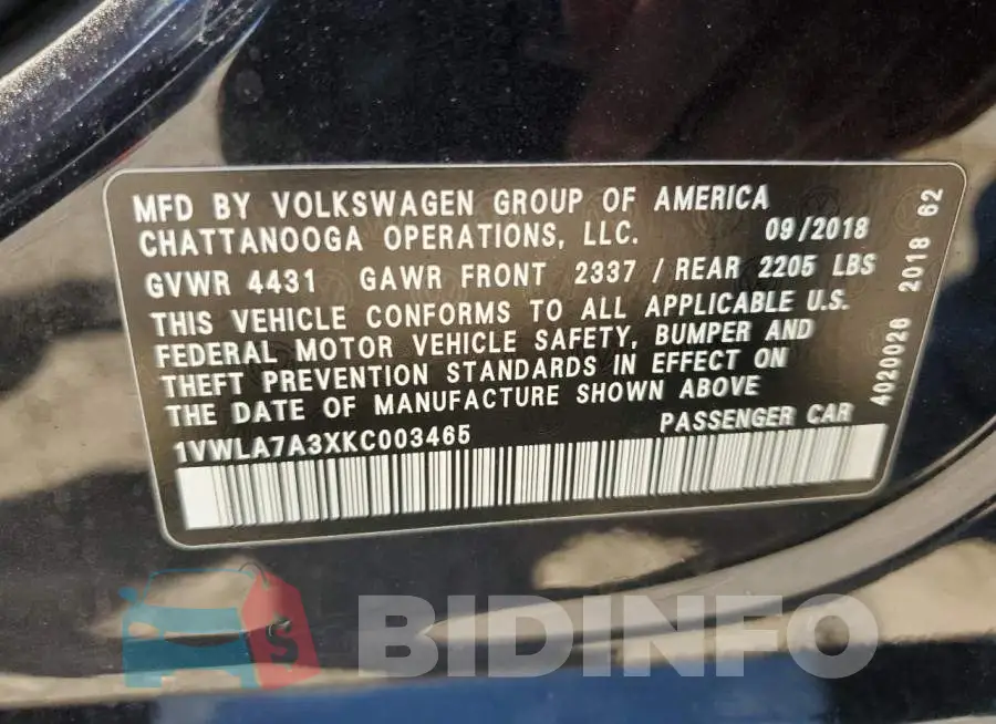 1VWLA7A3XKC003465 Photo# 12