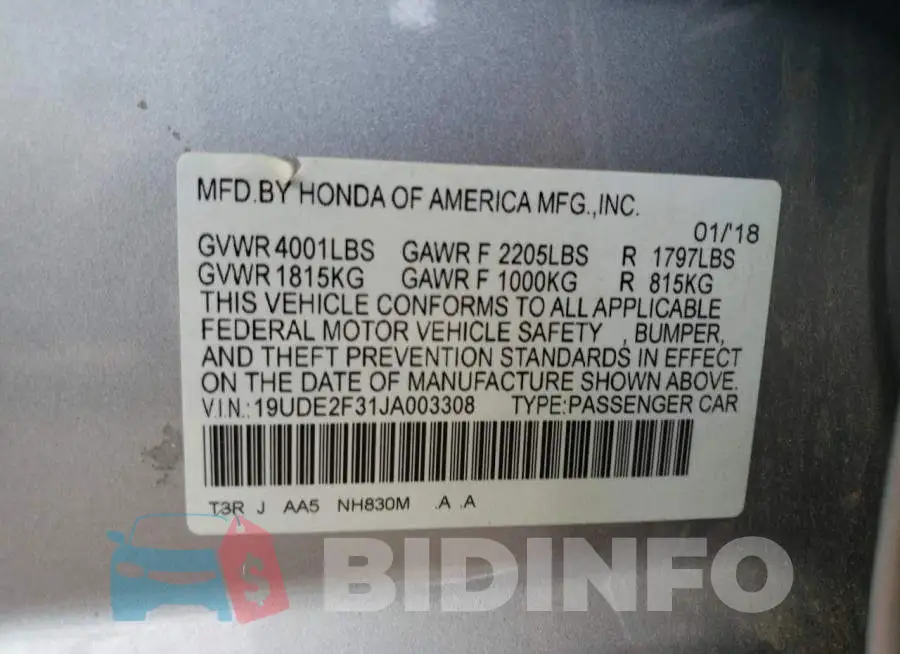 19UDE2F31JA003308 Photo# 12