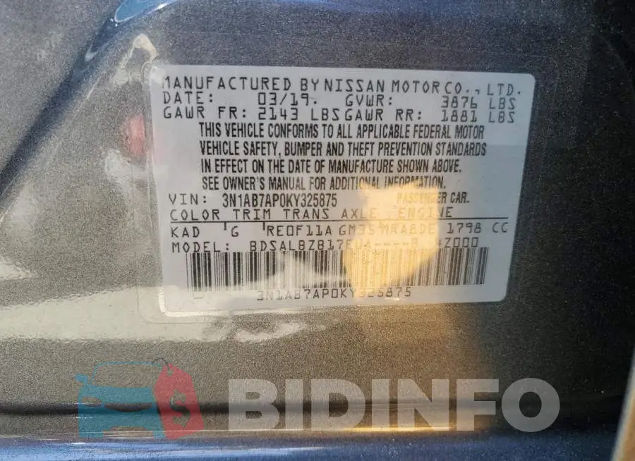 3N1AB7AP0KY325875 Photo# 12
