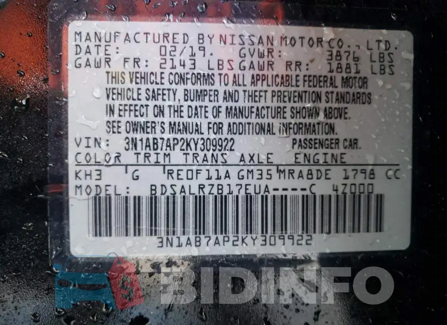 3N1AB7AP2KY309922 Photo# 13