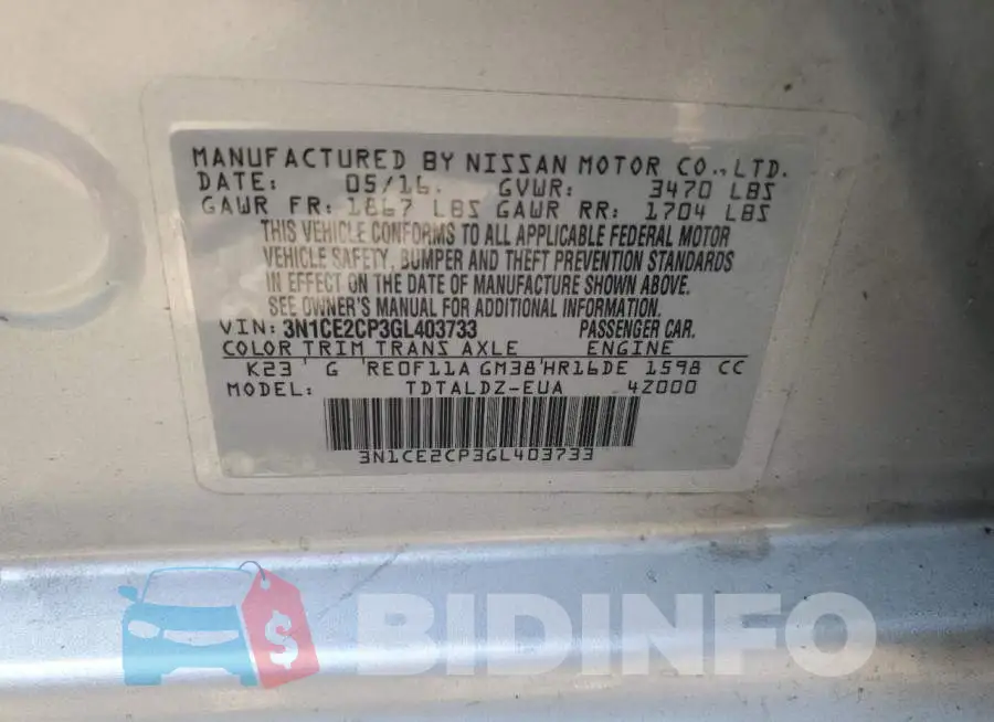 3N1CE2CP3GL403733 Photo# 13