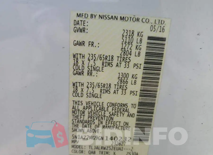 5N1AZ2MG9GN140232 Photo# 13