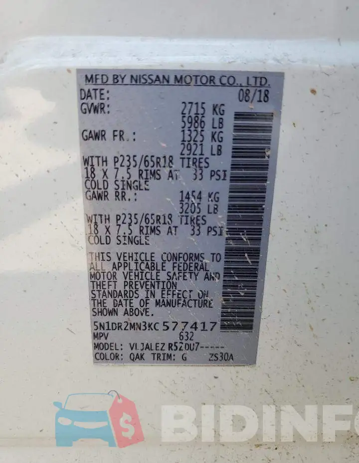 5N1DR2MN3KC577417 Photo# 13