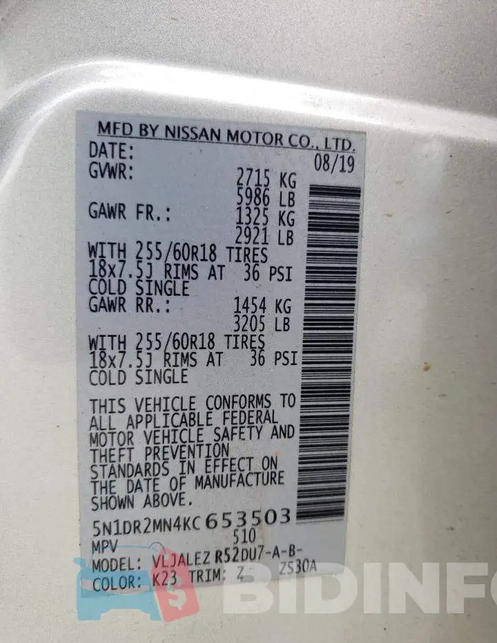 5N1DR2MN4KC653503 Photo# 13