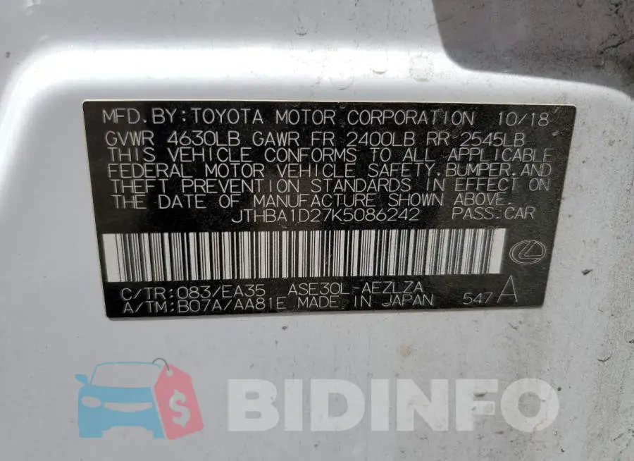 JTHBA1D27K5086242 Photo# 13