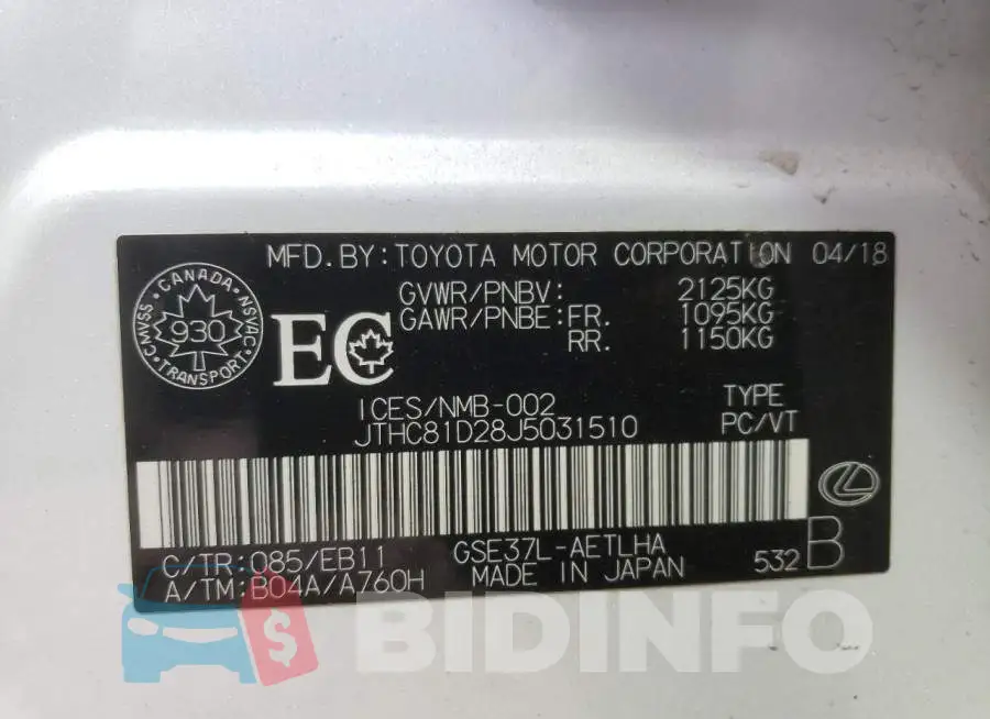 JTHC81D28J5031510 Photo# 12