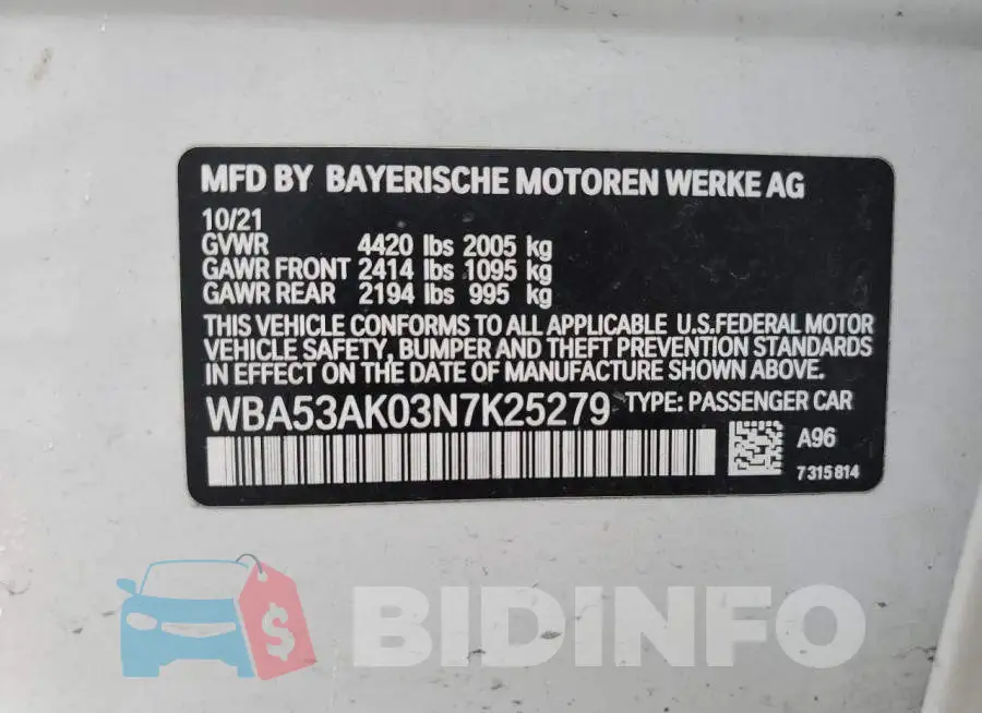WBA53AK03N7K25279 Photo# 13