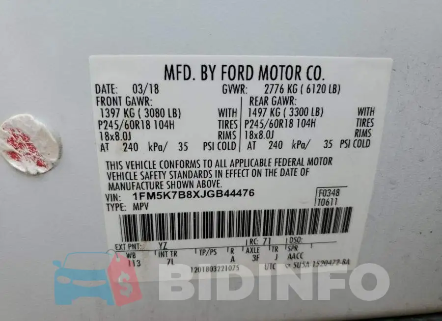1FM5K7B8XJGB44476 Photo# 13
