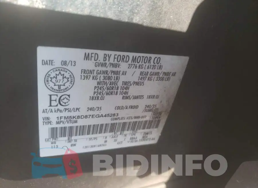 1FM5K8D87EGA45283 Photo# 12