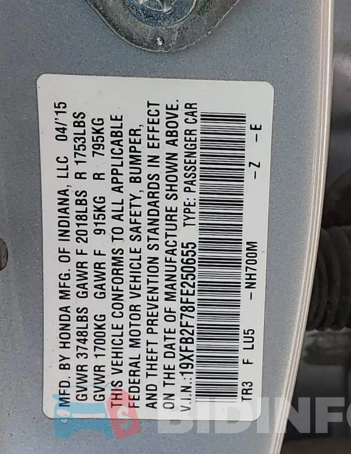 19XFB2F78FE250655 Photo# 12