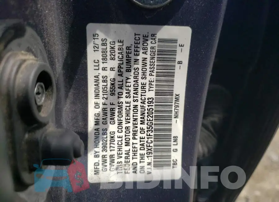 19XFC1F35GE205193 Photo# 12
