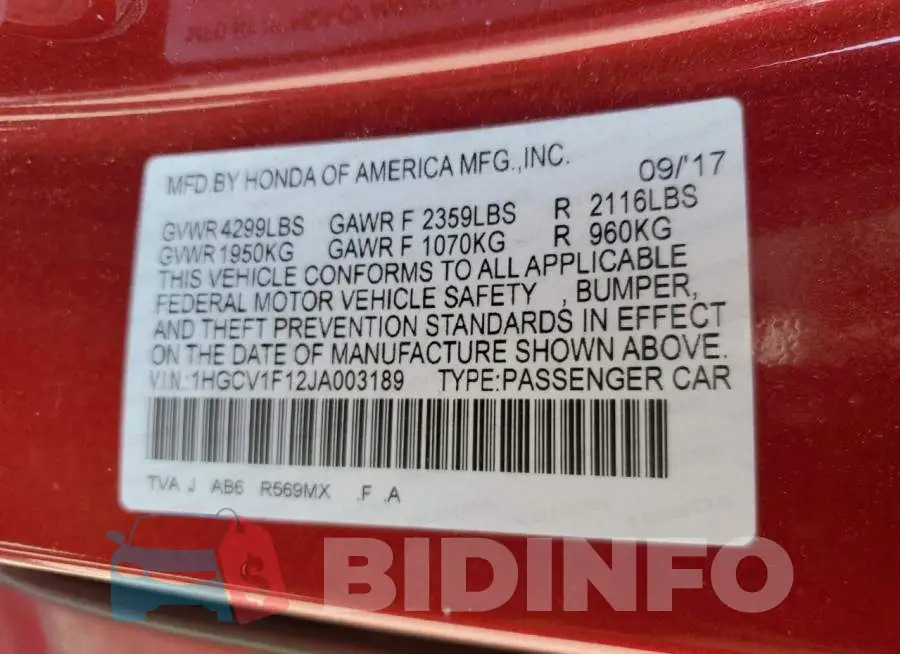 1HGCV1F12JA003189 Photo# 12