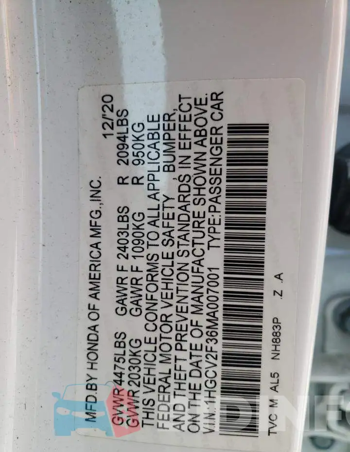 1HGCV2F36MA007001 Photo# 12