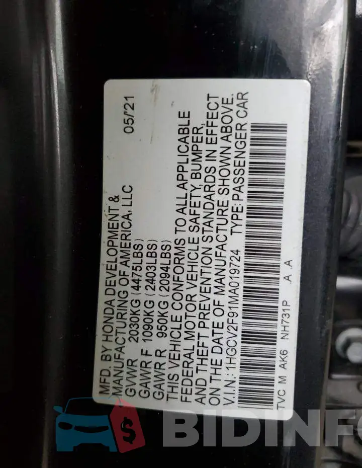 1HGCV2F91MA019724 Photo# 12
