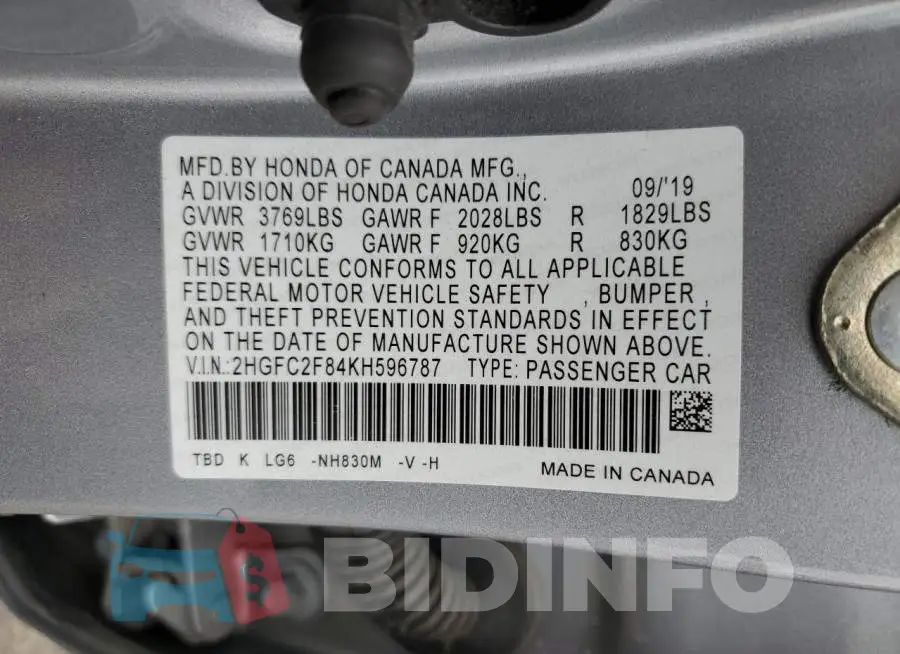2HGFC2F84KH596787 Photo# 12