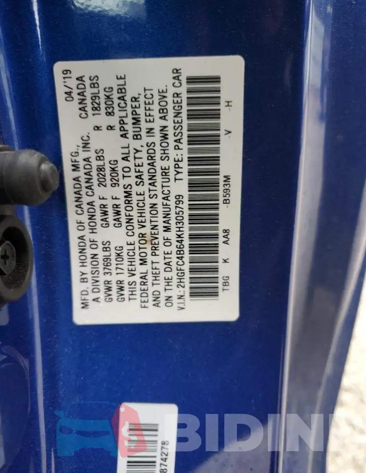 2HGFC4B64KH305799 Photo# 12
