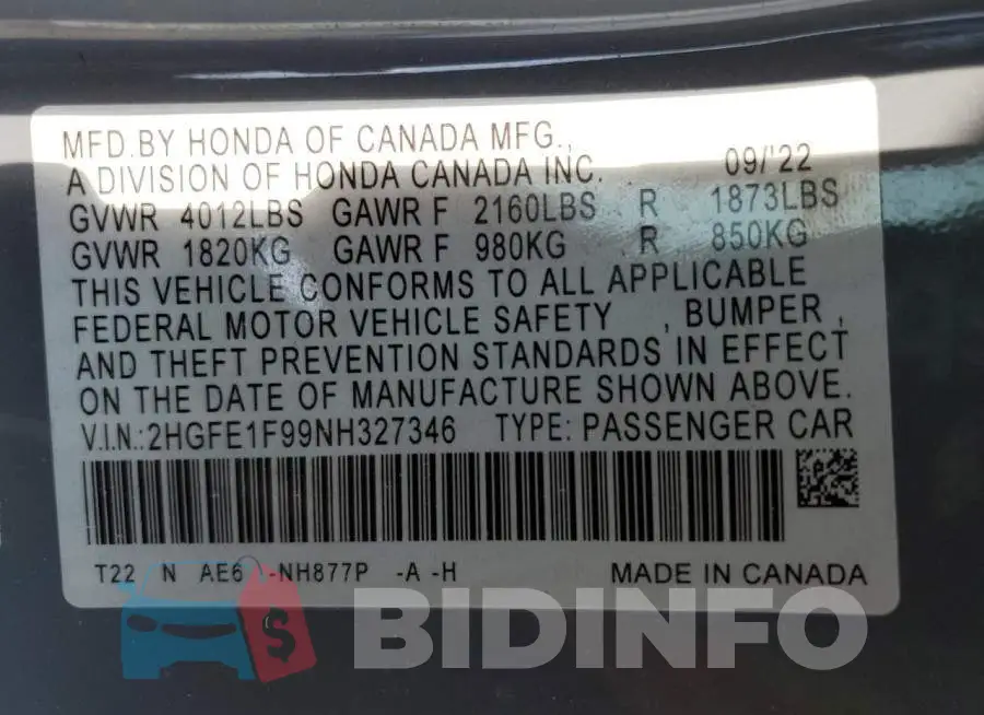 2HGFE1F99NH327346 Photo# 12