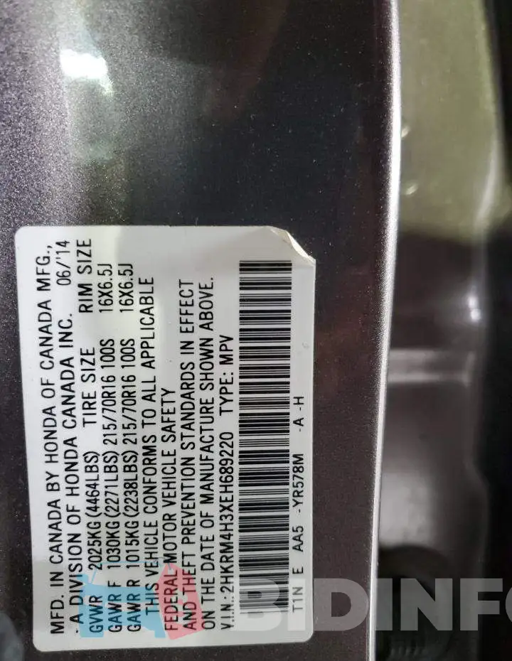 2HKRM4H3XEH689220 Photo# 13