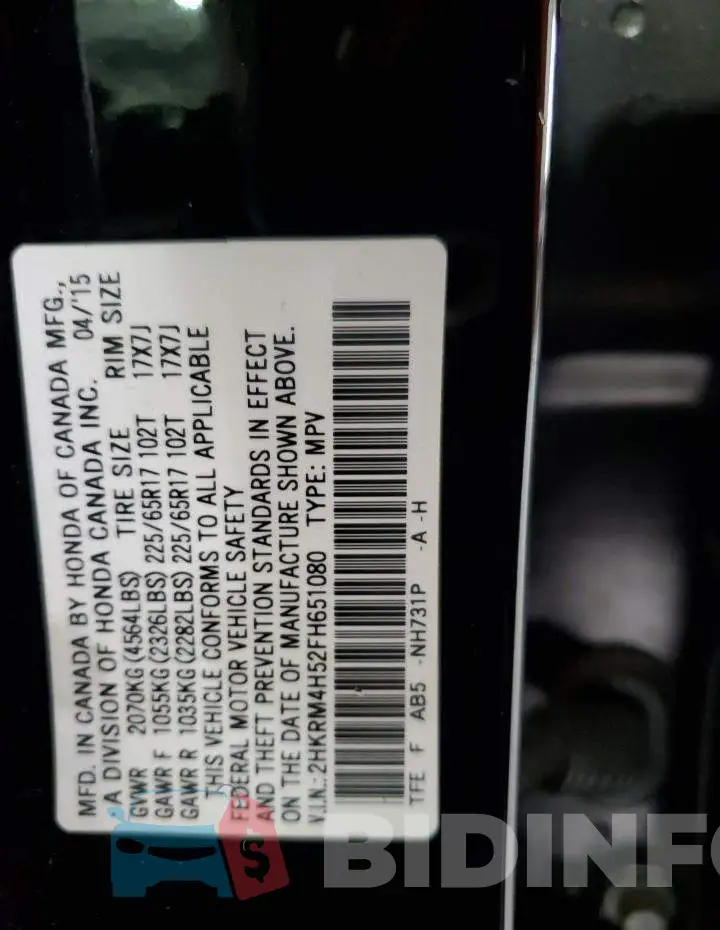 2HKRM4H52FH651080 Photo# 13