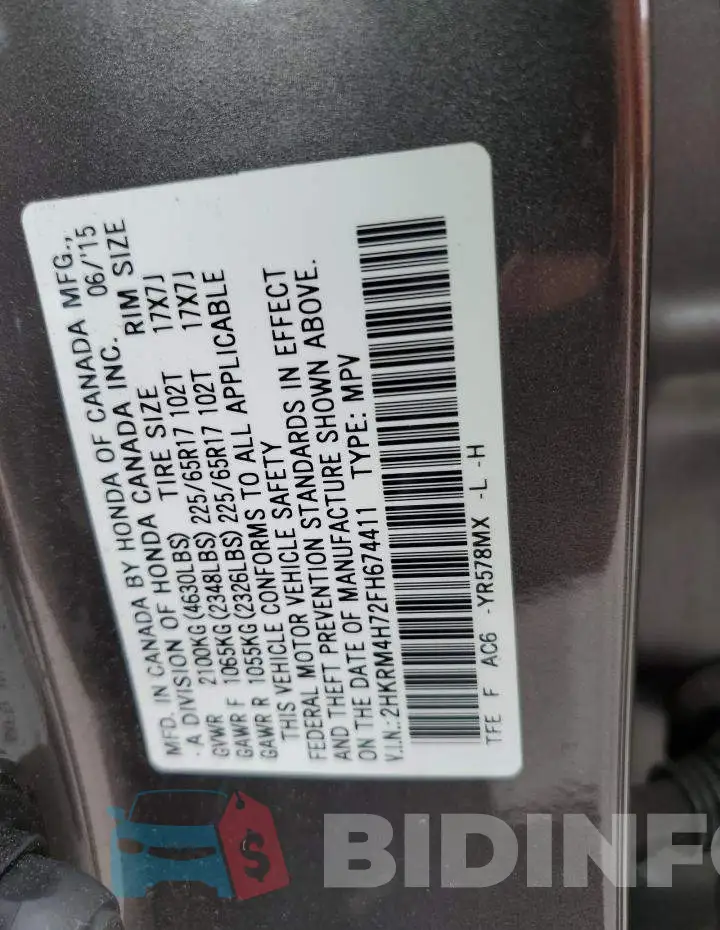 2HKRM4H72FH674411 Photo# 13