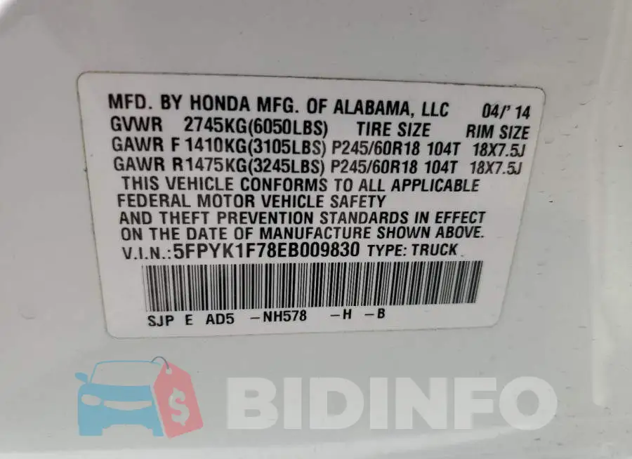 5FPYK1F78EB009830 Photo# 12