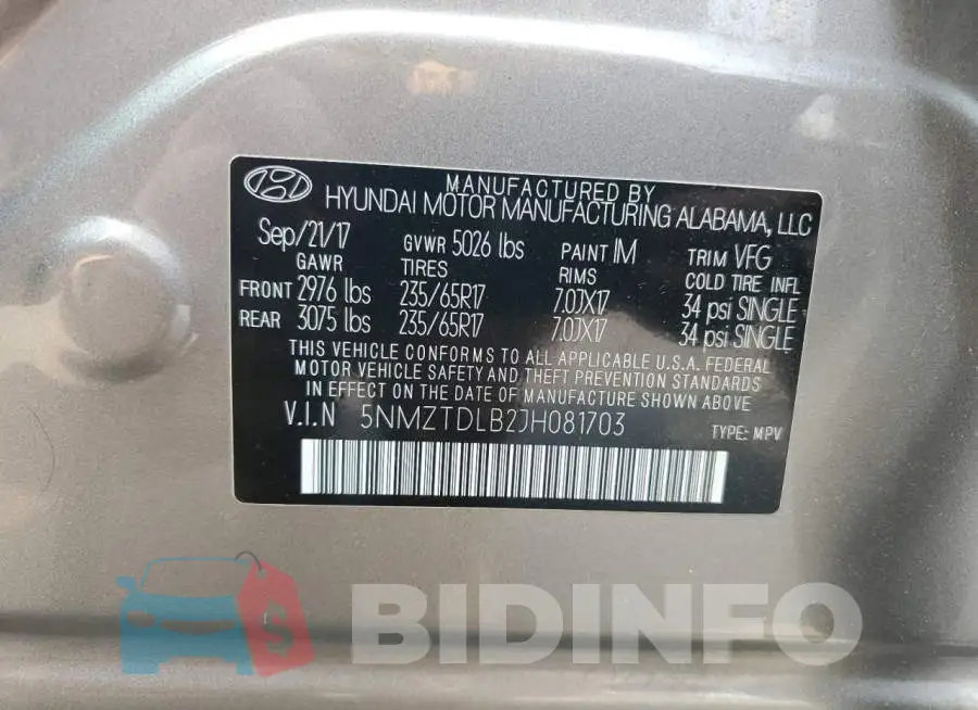 5NMZTDLB2JH081703 Photo# 13