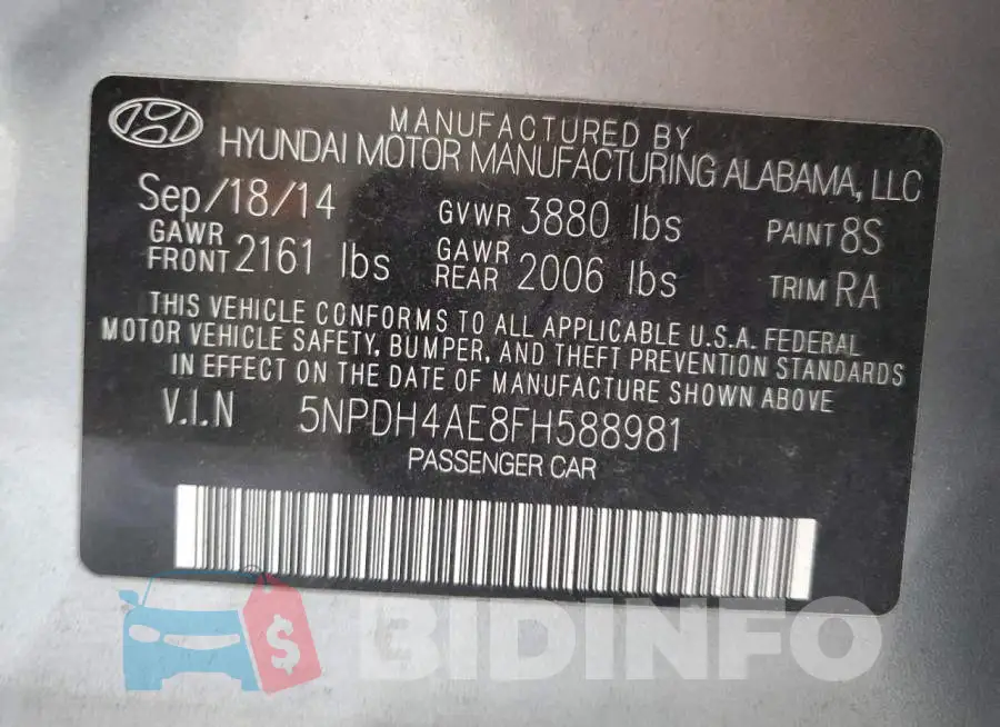 5NPDH4AE8FH588981 Photo# 12
