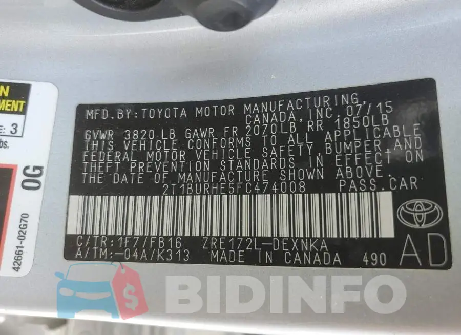 2T1BURHE5FC474008 Photo# 13