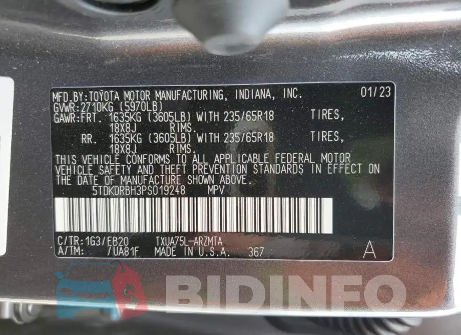 5TDKDRBH3PS019248 Photo# 13