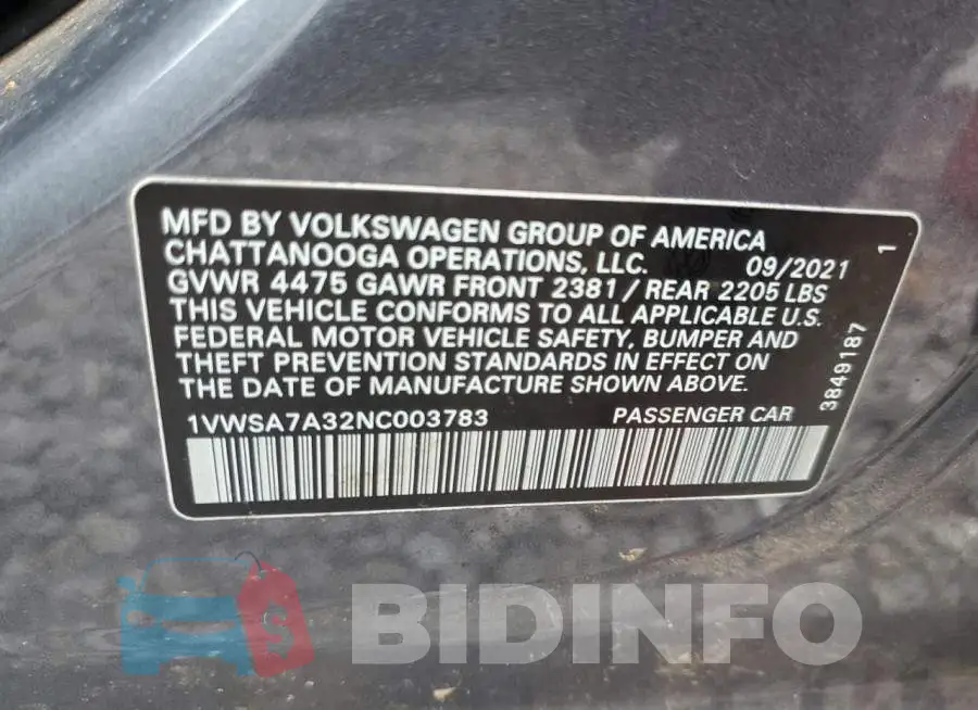 1VWSA7A32NC003783 Photo# 12