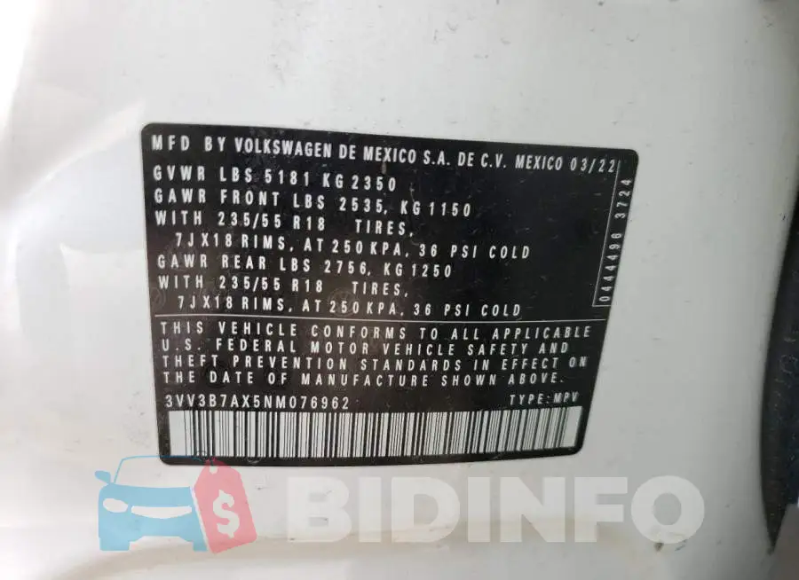 3VV3B7AX5NM076962 Photo# 13