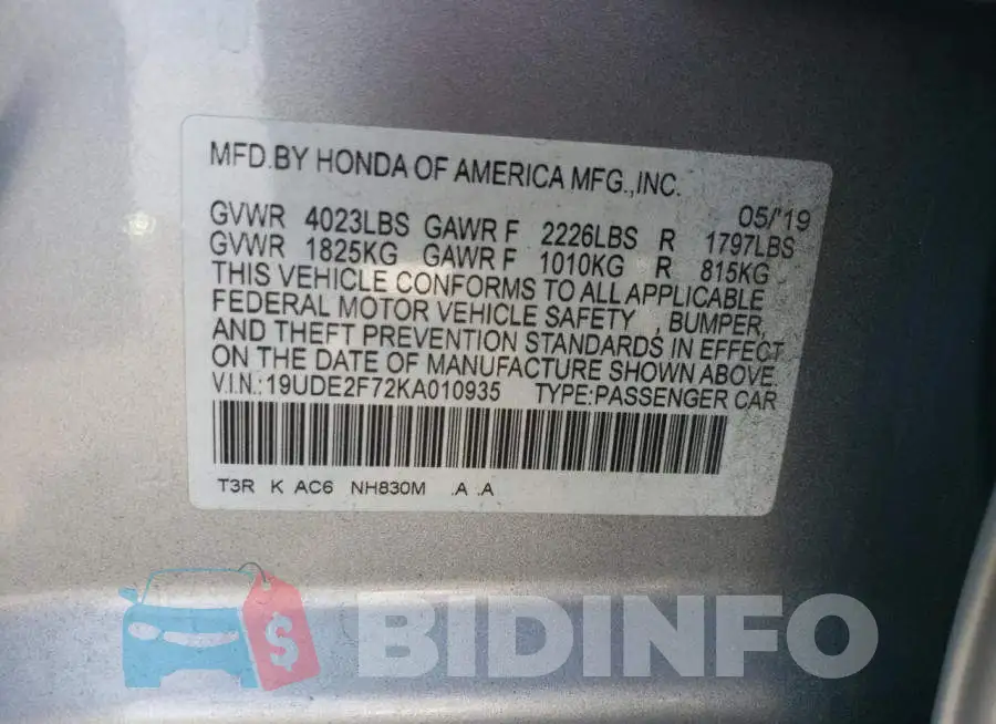 19UDE2F72KA010935 Photo# 12