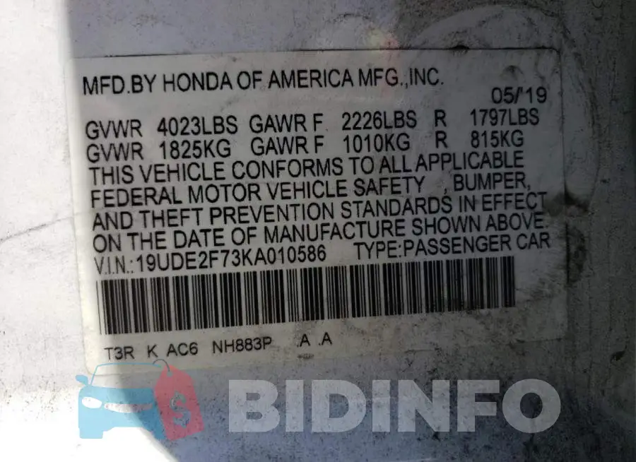 19UDE2F73KA010586 Photo# 12
