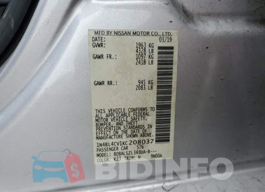 1N4BL4CV1KC208037 Photo# 12