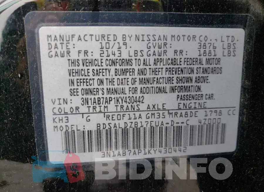 3N1AB7AP1KY430442 Photo# 12