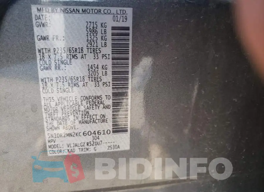 5N1DR2MN2KC604610 Photo# 13